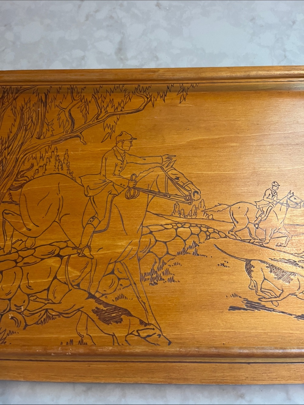 Vintage wood tray Pyrography Fox hunting scene Handmade - Picture 3 of 6